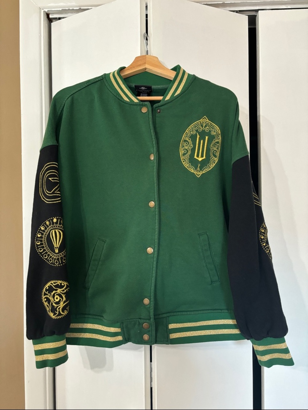 Wicked emerald city Green and Black Embroidered Varsity Jacket